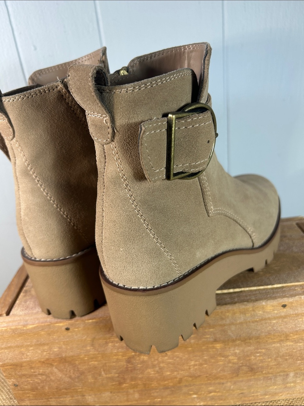 Blondo Taupe Suede Waterproof Lug-Sole Ankle Boots with Buckle - Picture 11 of 11